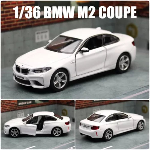 1/36 BMW M2 coupe diecast toy car in white, detailed front and wheels