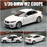 1/36 BMW M2 coupe diecast toy car in white, detailed front and wheels