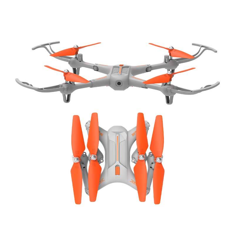 Orange and gray quadcopter drone with four propellers and central camera module