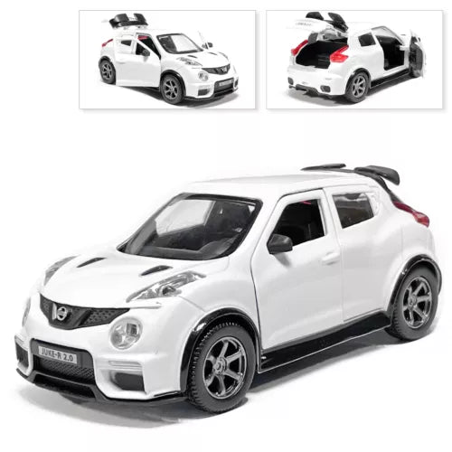 Nissan Juke-R 2.0 metal diecast car, white, front 3/4 view