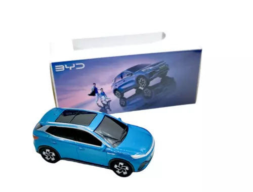 Blue BYD Yuan Plus 1/64 scale diecast model car with display box