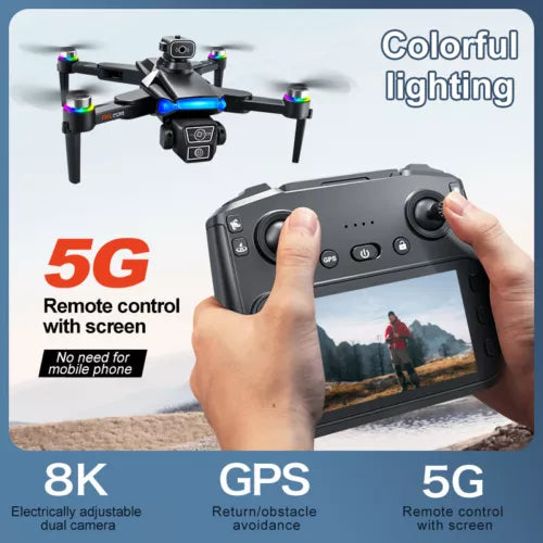 5G drone remote controller with screen and built-in buttons; quadcopter with camera overhead