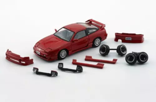 Red Nissan 180SX PRS13 diecast car with accessories, LHD, 1:64 scale.