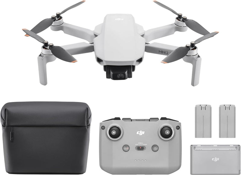 DJI Mavic Mini 2 SE drone with remote controller, batteries, and black carry bag