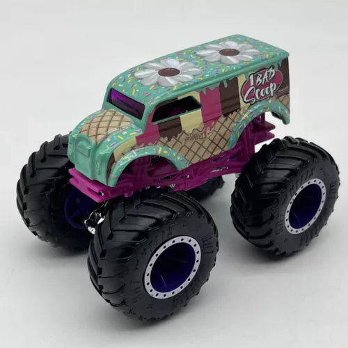 Teal and purple 1:64 diecast monster truck with oversized black tires, BAD SCOOP