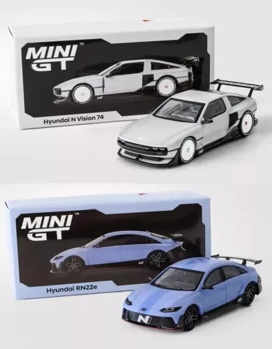 Diecast mini car set: white Hyundai N Vision 74 and light blue Hyundai RN22e
