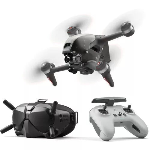 FPV drone with three propellers, compact body, and controller remote in view