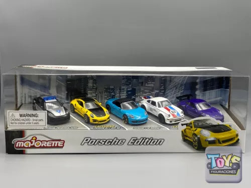 5-piece diecast model car gift set with five Porsche cars in clear box
