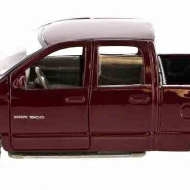 Diecast Dodge Ram QuadCab pickup truck, maroon cab with open windows
