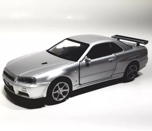 Silver 1/36 diecast sports car model with black hood, front-left view