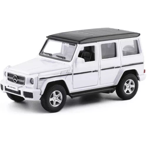 G63 AMG 1:36 diecast toy car, white SUV with black roof and open windows