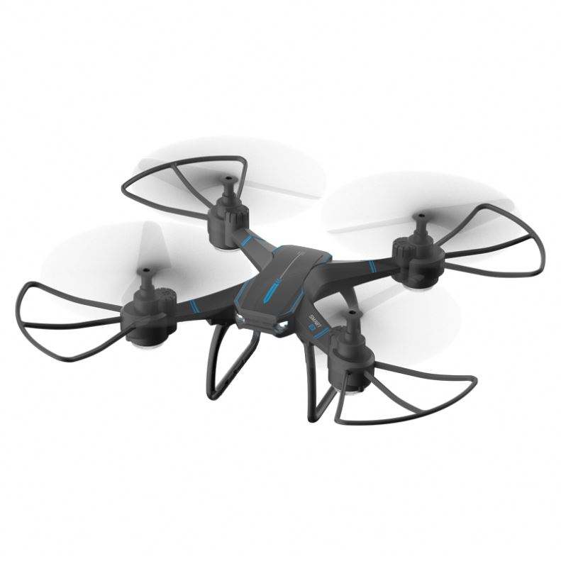 Compact quadcopter drone with blue accents and four propellers