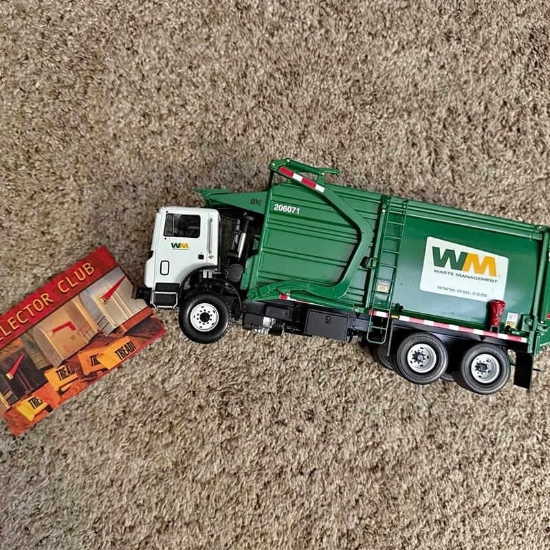 Green and white diecast front end loader waste management truck with WM logo, 3-axle