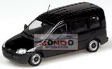 Black diecast van model with front grille and side decals