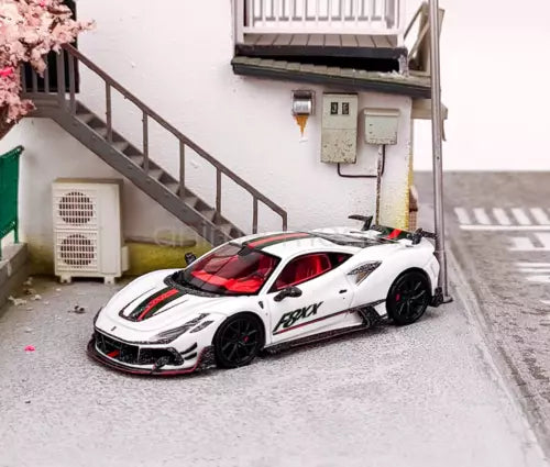 White racing sports diecast resin car model with red accents and black wheels