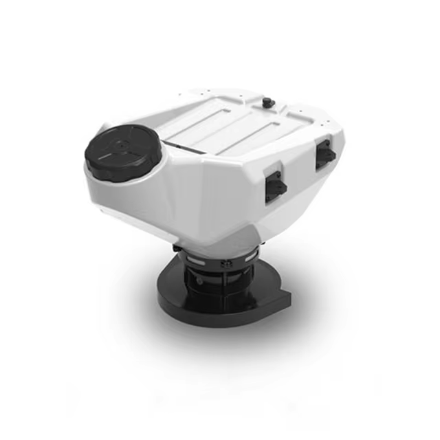 Granule spreader hopper system with black mounting base and white housing