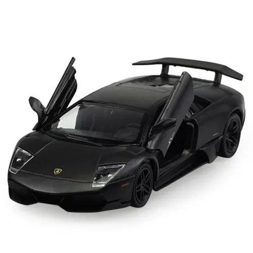 Black 1:36 diecast model car with front hood and doors open, detailed sports styling