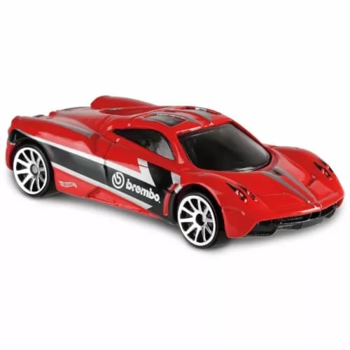 Red diecast model toy car with racing graphics, black windows, and white wheels