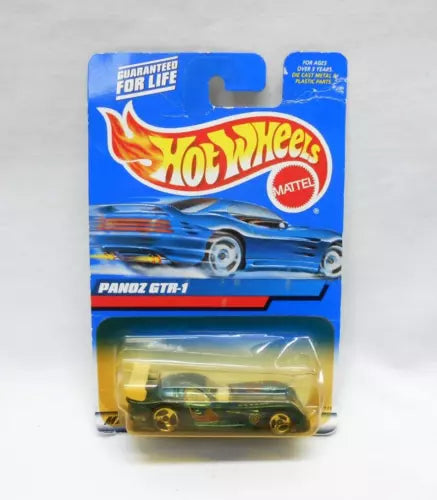 Diecast metal Hot Wheels Panoz GTR-1 car in blister pack, blue with flames accents