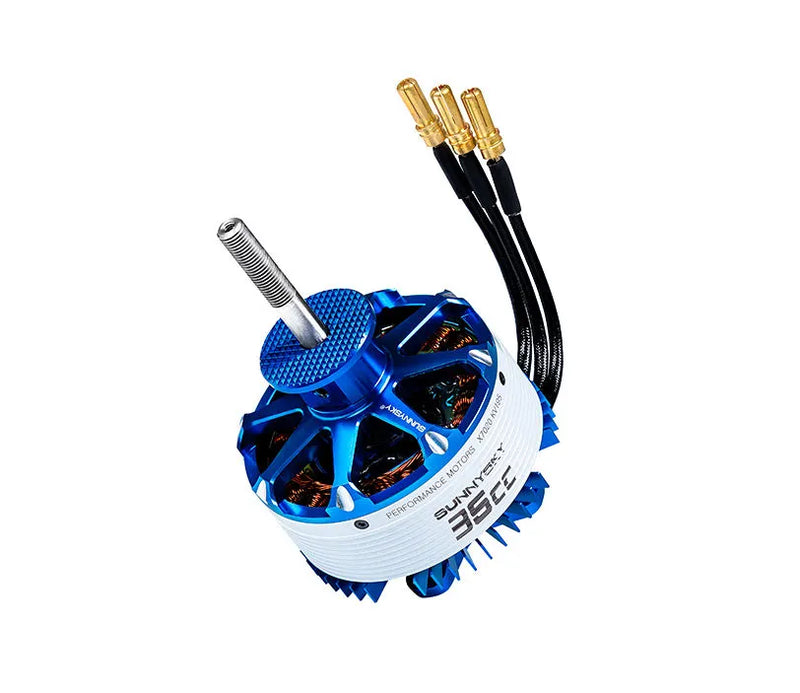Blue and white brushless drone motor with cooling fan and gold pin terminals