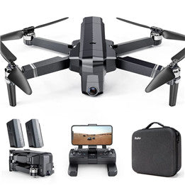 Black quadcopter drone with camera, remote controller, spare battery, and carrying case