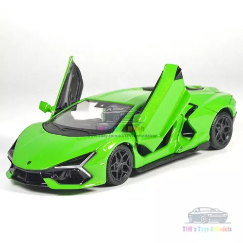 Green diecast model car with open scissor doors, front view