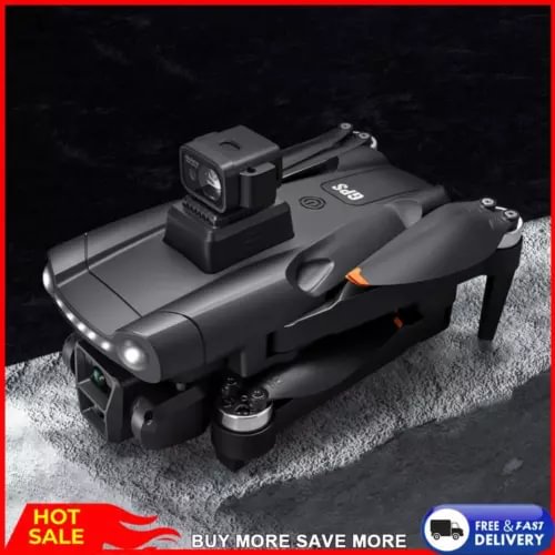Foldable dark gray quadcopter drone with front 8K dual camera module and prop guards