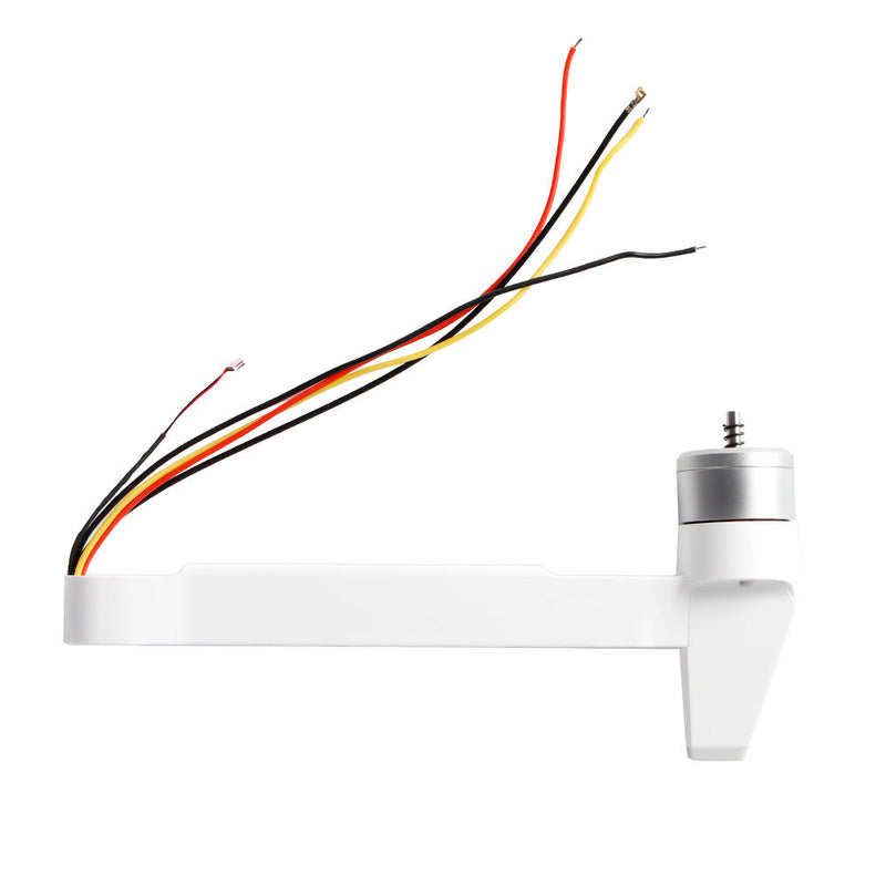 White drone arm with motor mount and multicolor wire leads