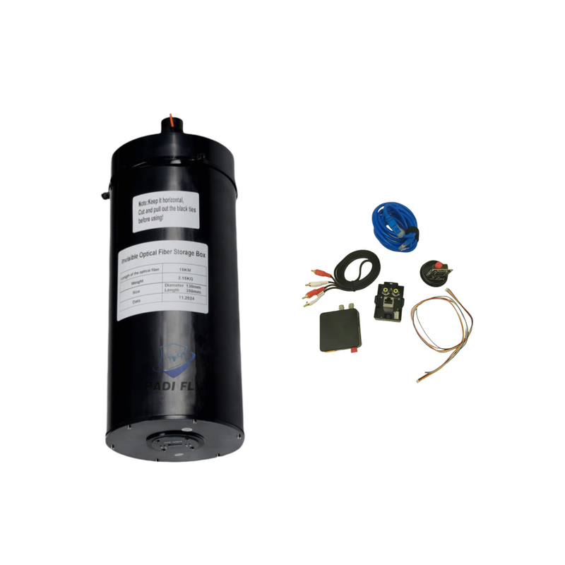Fiber optic cable kit with black storage spool, blue cable, and connectors