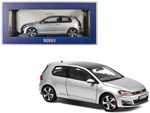 Silver Volkswagen Golf GTI diecast model car, front three-quarter view with red accents