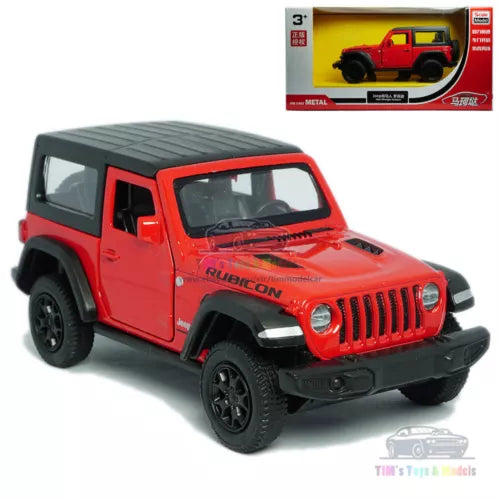 Red hard-top Jeep Rubicon die-cast toy model car with black wheels, front grille and headlights
