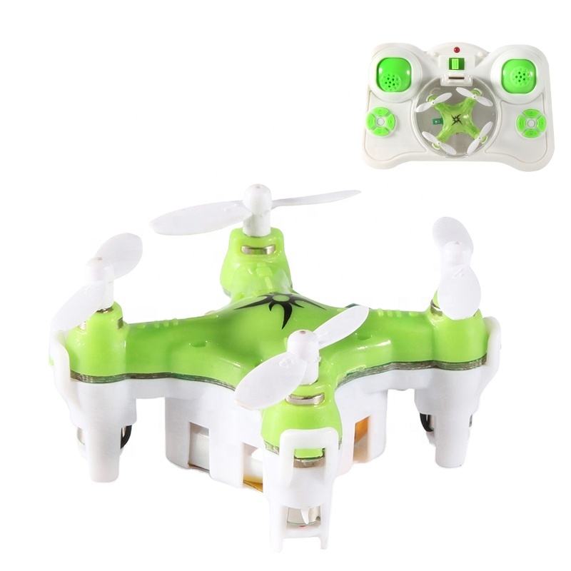 Mini RC quadcopter drone with green body and four white propellers