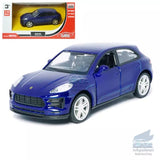 Blue Porsche Macan S diecast toy car with alloy wheels