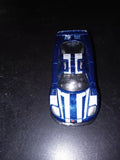 Blue and white diecast race car with racing stripes, front view