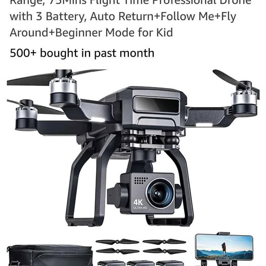 Quadcopter drone with 4K camera, front view, plus remote screen and spare propellers