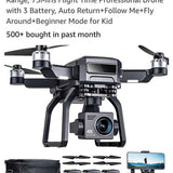 Quadcopter drone with 4K camera, front view, plus remote screen and spare propellers