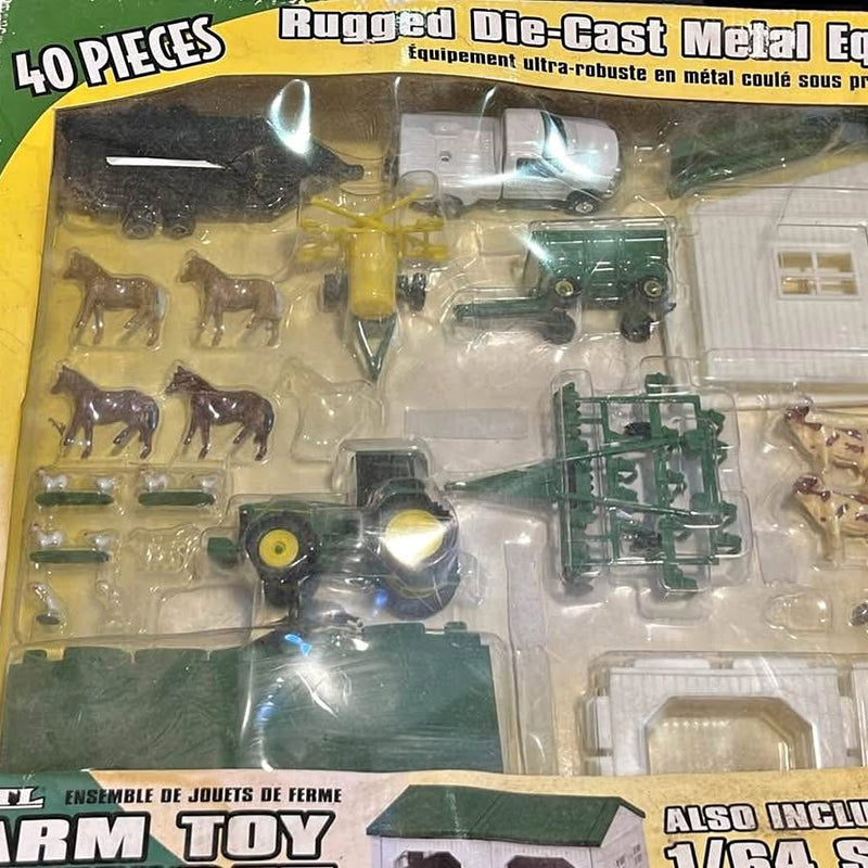 John Deere rugged diecast metal farm equipment set, blister-pack with multiple parts