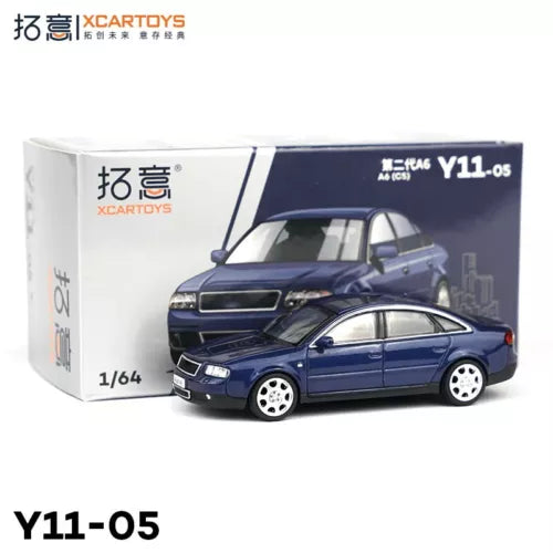 1:64 dark blue diecast model car with box, detailed front and side view