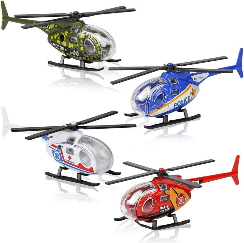 Diecast helicopter set of 4 with police, fire, EMS and military helicopters in molded detail