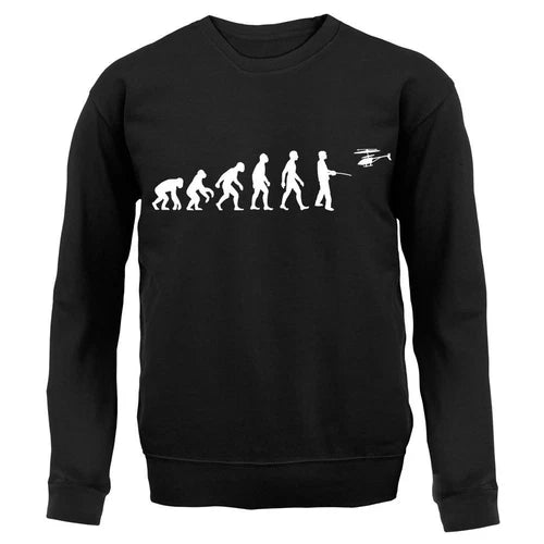 Black adult sweatshirt with long sleeves and white evolution-style graphic across chest