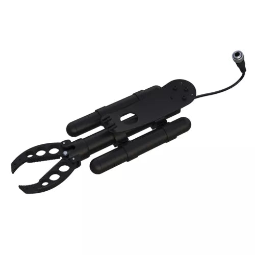 Robotic gripper attachment with parallel metal fingers and black arm body, with cable