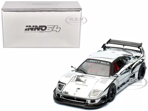 Chrome silver diecast model car with Liberty Walk graphic, front 3/4 view