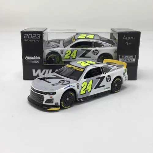 Race car diecast model, white with neon green number 24 Z and Hendrick branding