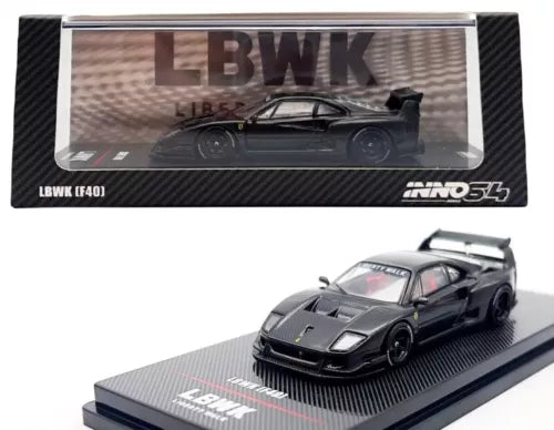 1:64 diecast race car model in dark carbon-style black with hood scoop, on display base