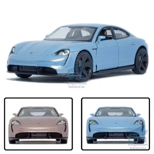 1/36 Porsche Taycan Turbo S diecast model car, light blue front view with headlights