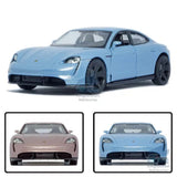 1/36 Porsche Taycan Turbo S diecast model car, light blue front view with headlights