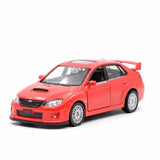 1:36 Subaru WRX STI diecast model car, red, front 3/4 view