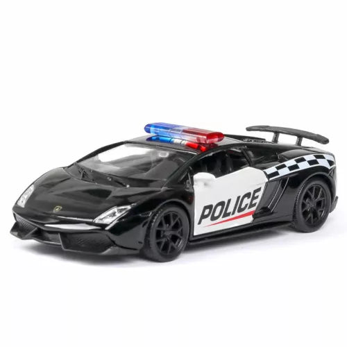 Black police diecast sports car model with checkered stripe and roof light bar