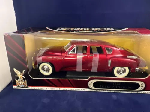 1/18 scale burgundy diecast classic car with white racing stripes and front grille