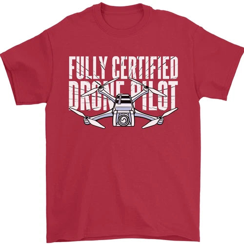 Men's red cotton T-shirt with white drone graphic and Fully Certified text